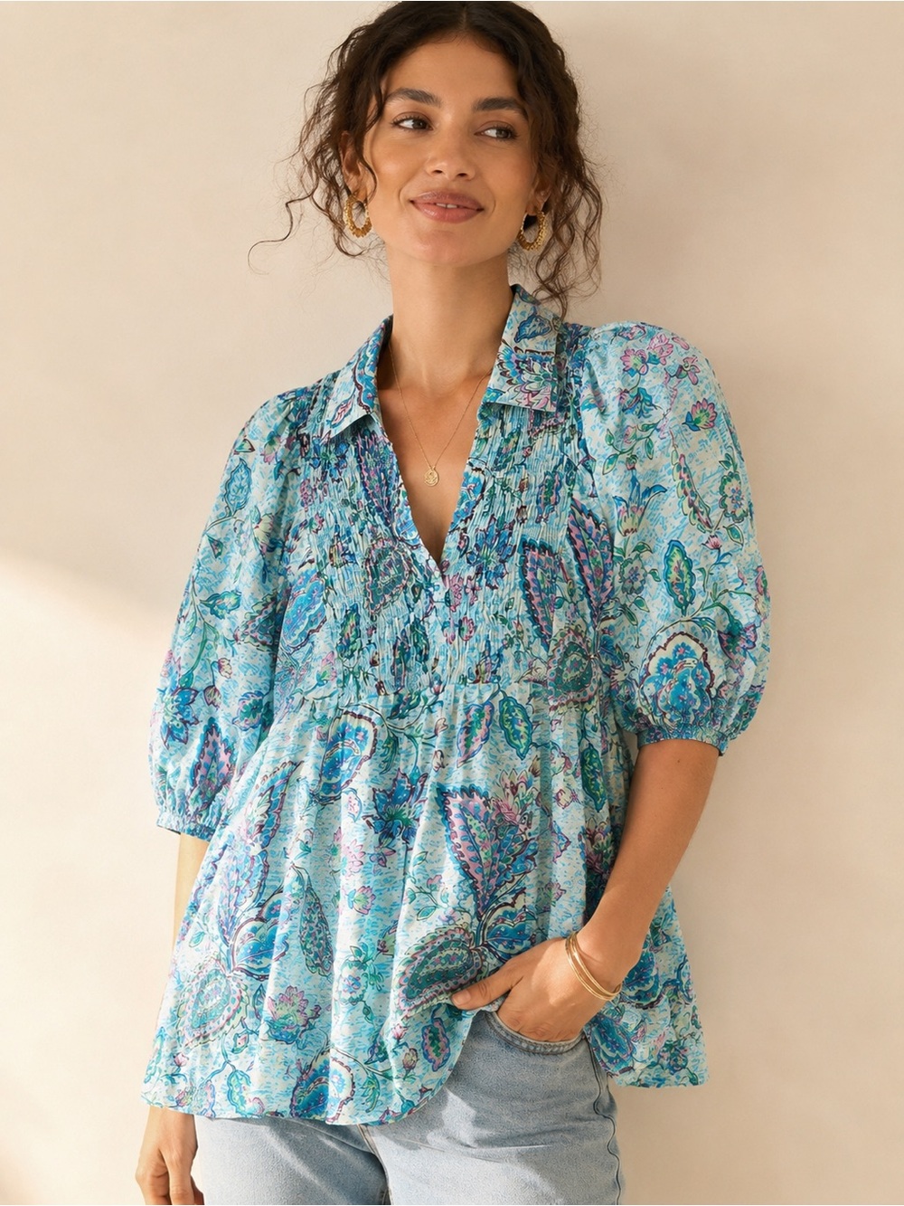 Umgee Boho Aqua Blue/Purple Paisley Floral Pintuck Puff Sleeve Blouse Top 1XL - Picture 1 of 8